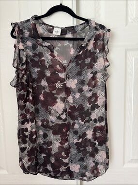 CAbi Pink and Black Floral Sheer Ruffle Sleeve Camisole